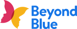 Beyond Blue logo with pink, yellow, and blue butterfly icon and blue text on white background