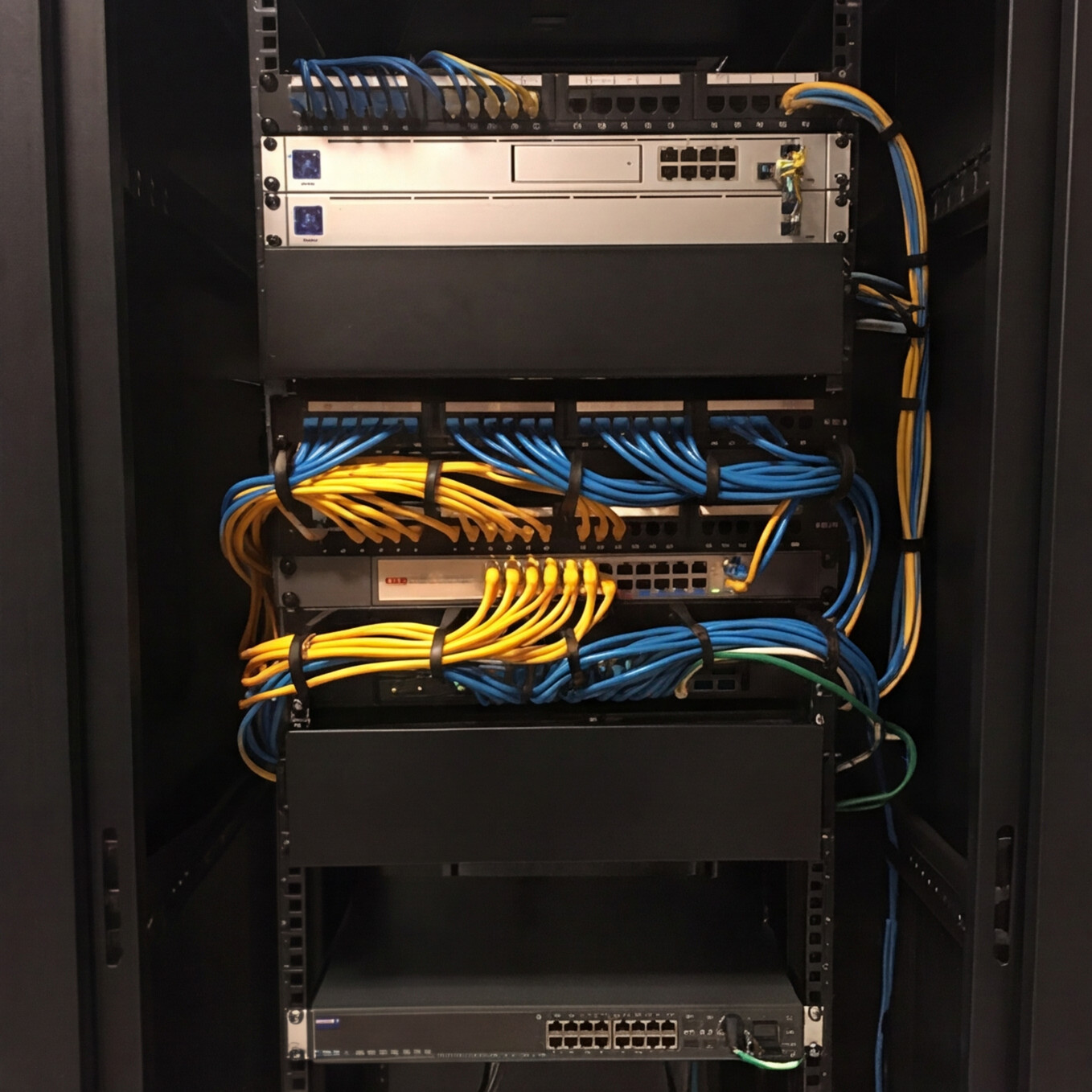 Technician in black shirt and gloves working on network cables in a server rack