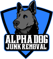 ALPHADOG JUNK REMOVAL logo with gray wolf head on a blue shield background