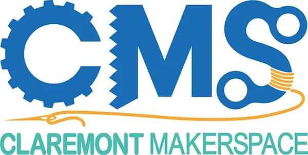 A logo for cms claremont makerspace with a gear and a needle