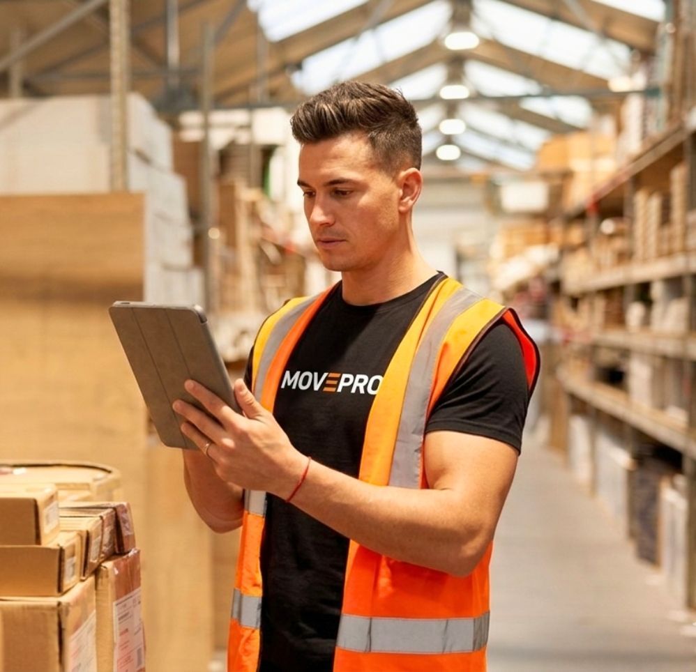 MovePro mover organizing inventory in a warehouse for efficient moving services in Fort Wayne