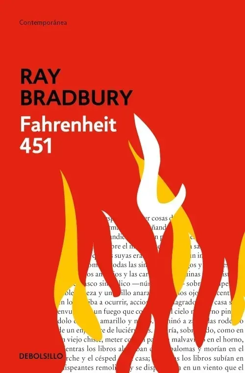 Portada de Fahrenheit 451 de Ray Bradbury: fondo rojo con grandes llamas amarillas y blancas.