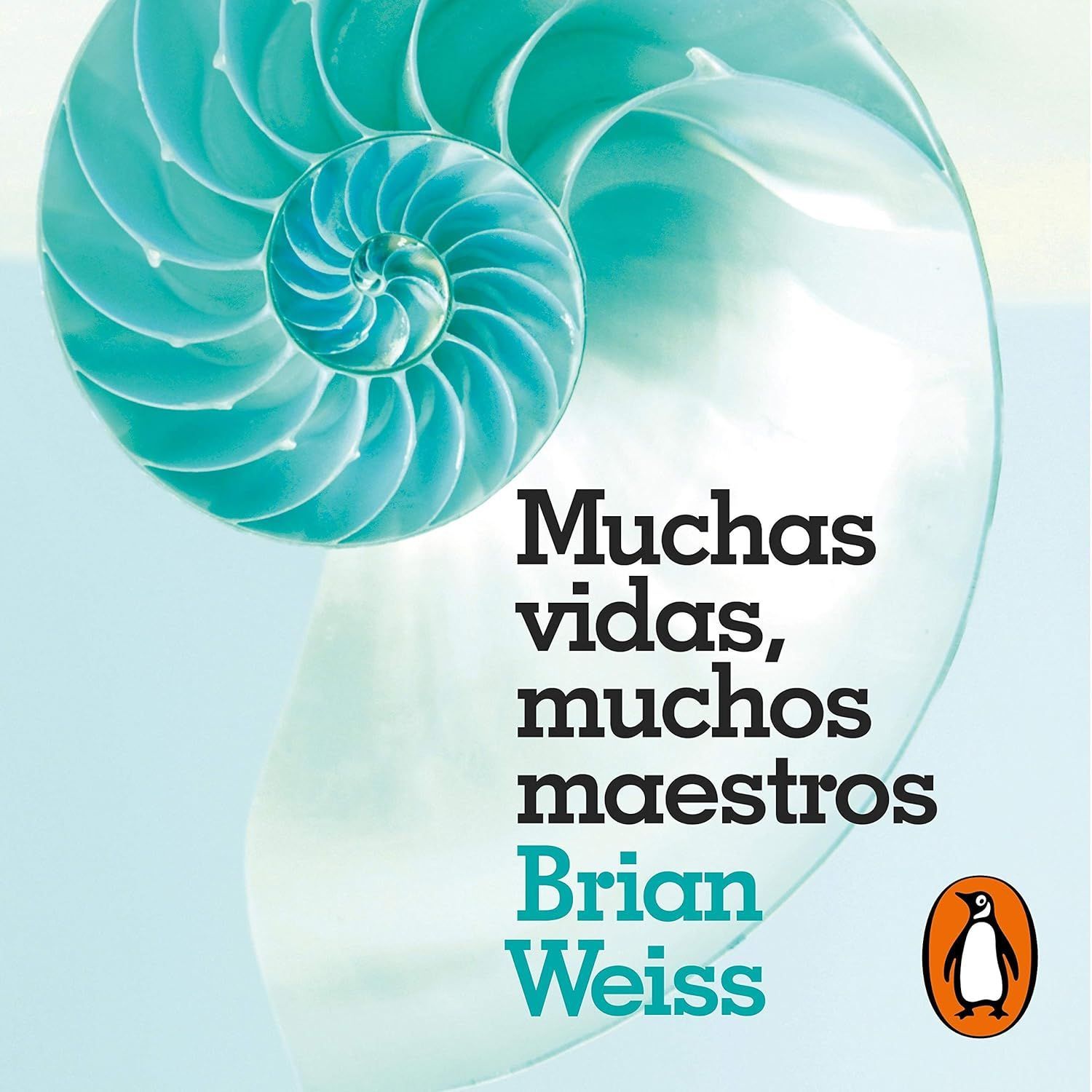 Concha de nautilo turquesa con el texto en español “Muchas vidas, muchos maestros” de Brian Weiss y el logotipo de Penguin.