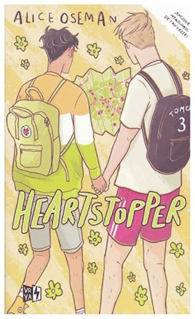 Portada del libro Heartstopper con dos niños caminando de la mano por un sendero lleno de flores, de espaldas.