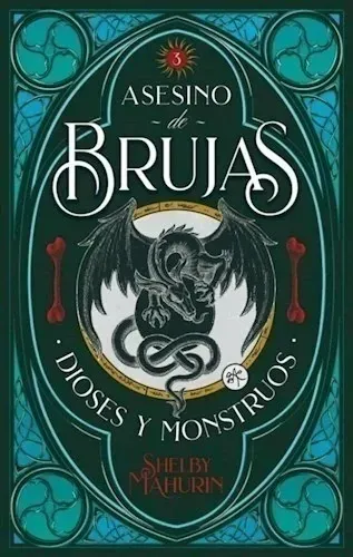 Book cover for “Asesino de Brujas: Dioses y Monstruos,” with teal gothic design and bat-winged skull emblem
