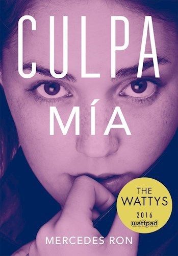 Portada de un libro con el rostro de una mujer, titulado “Culpa Mía”, en tonos morados con un sello de premio amarillo.