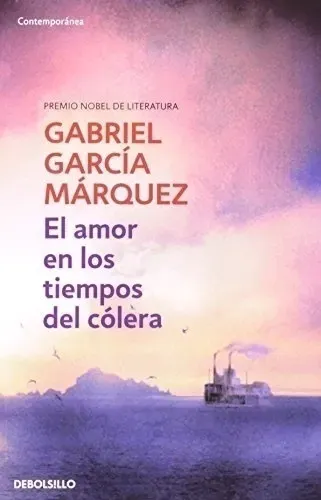 Portada del libro El amor en los tiempos del cólera de Gabriel García Márquez con un cielo rosa y la silueta de un barco.