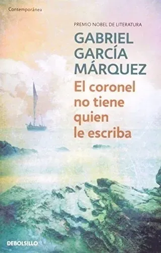 Portada del libro de Gabriel García Márquez, El coronel no tiene a quién escribirle, con un paisaje costero en tonos pastel.