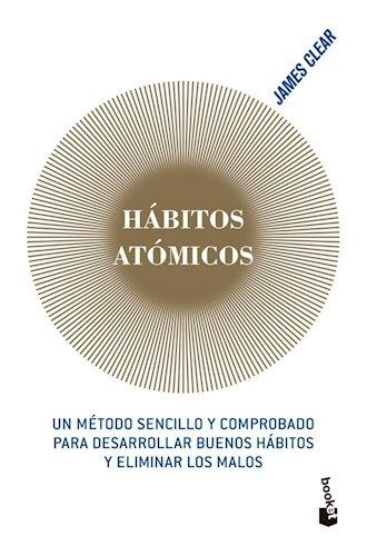 Portada del libro “Hábitos atómicos” de James Clear, fondo blanco con diseño circular beige.