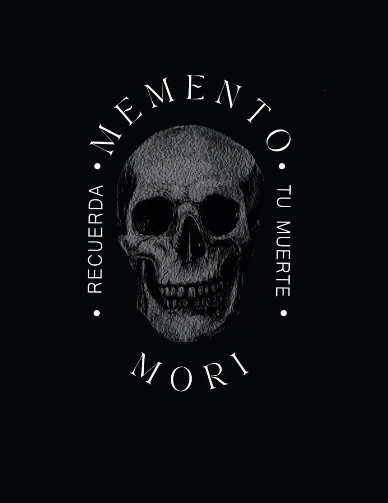 Emblema de calavera negra con “MEMENTO MORI” y “RECUERDA TU MUERTE” sobre un fondo oscuro.