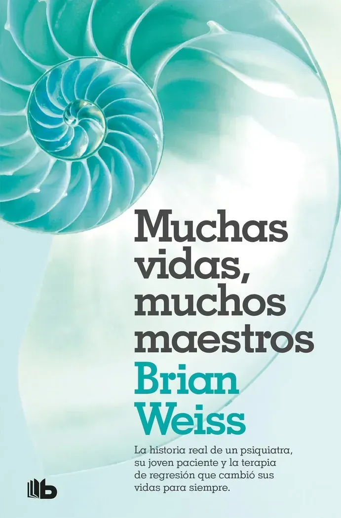 Portada del libro con concha espiral turquesa y título en español “Muchas vidas, muchos maestros” de Brian Weiss