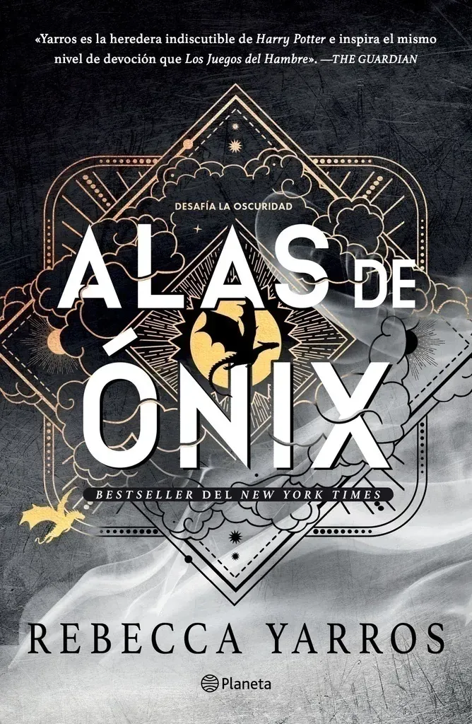 Portada del libro “Alas de Ónix” de Rebecca Yarros, con diseño geométrico metálico oscuro y título en blanco.