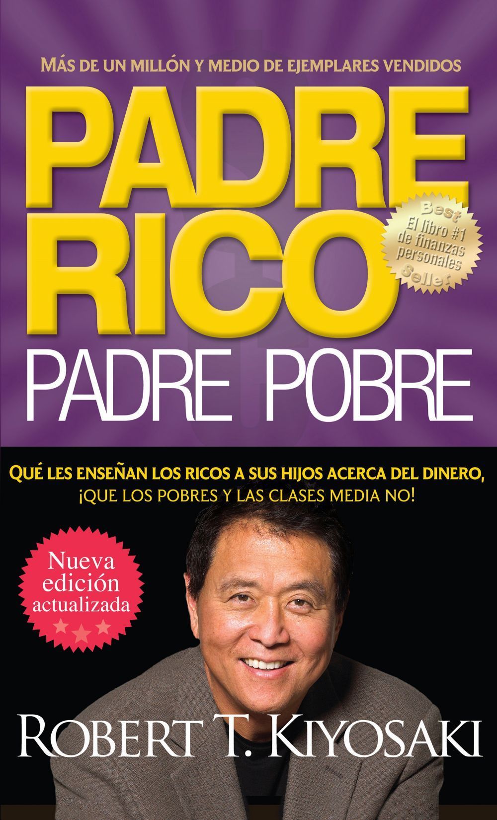 Portada del libro “Padre Rico, Padre Pobre” de Robert T. Kiyosaki con un retrato y el título en amarillo sobre fondo morado.