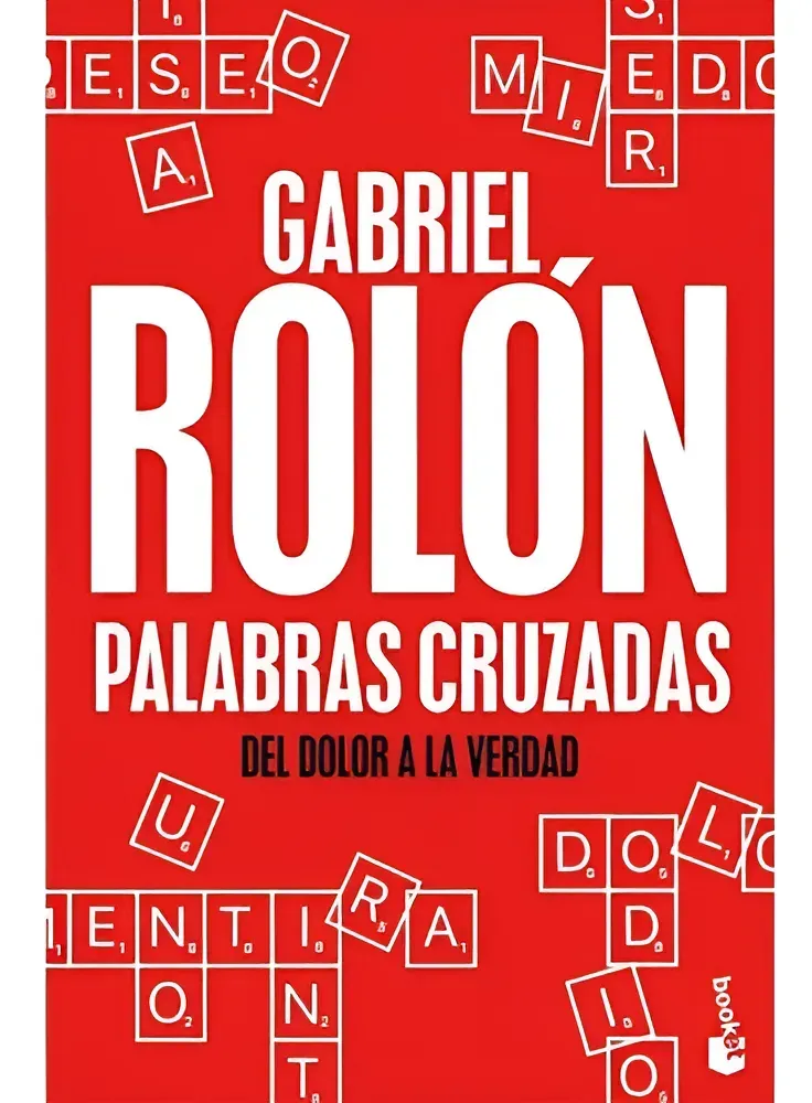 Cubierta roja del libro “Palabras cruzadas” de Gabriel Rolón con texto blanco y letras dispersas.
