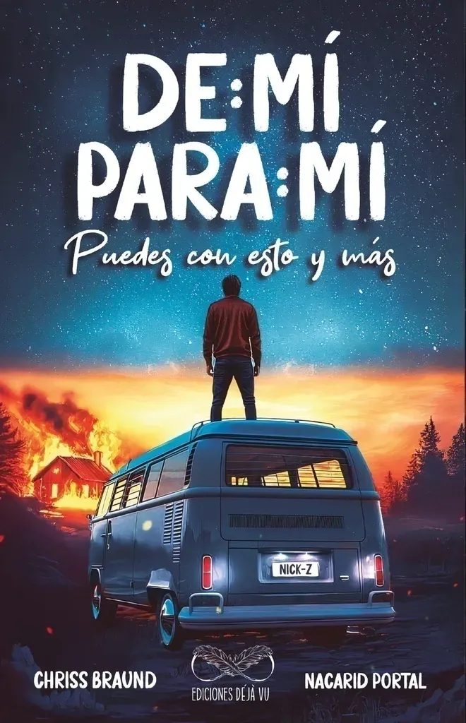 Portada de un libro con una persona en una furgoneta al atardecer, titulado “De Mí Para Mí” en texto blanco en negrita.