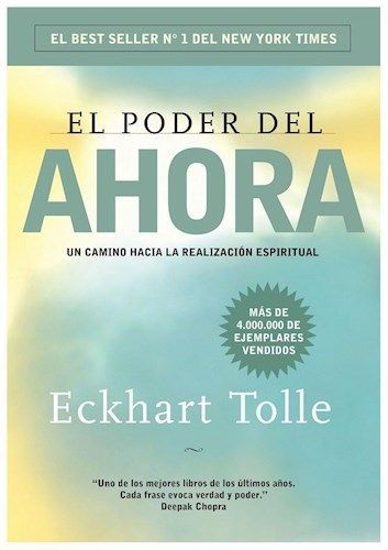Portada del libro “El poder del ahora” de Eckhart Tolle, con fondo azul verdoso y tipografía blanca y verde.
