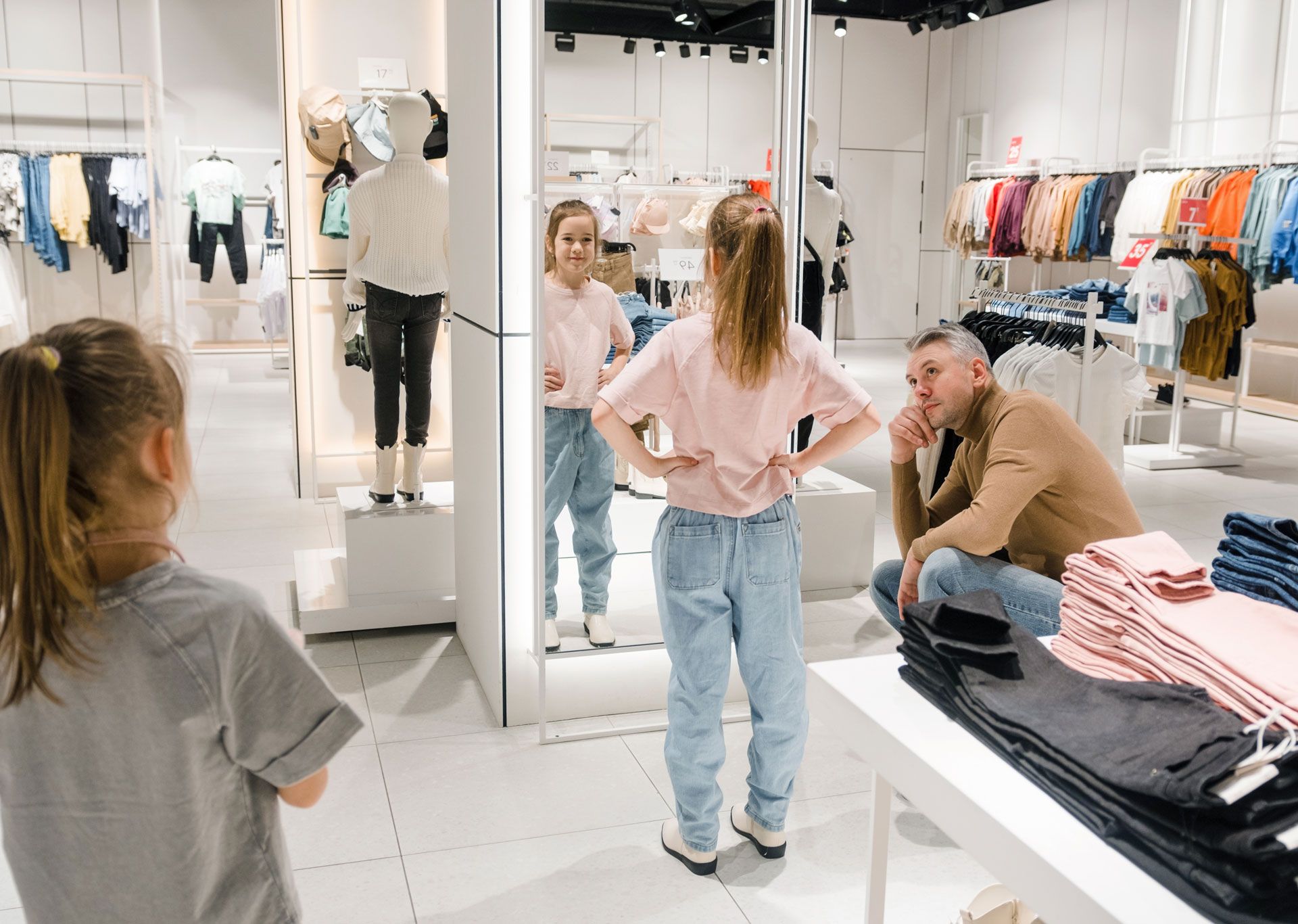 People shopping in a clothing store with racks of jeans and folded shirts.