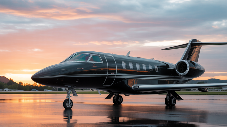 Black private jet on a wet runway, with a colorful sunset in the background.
