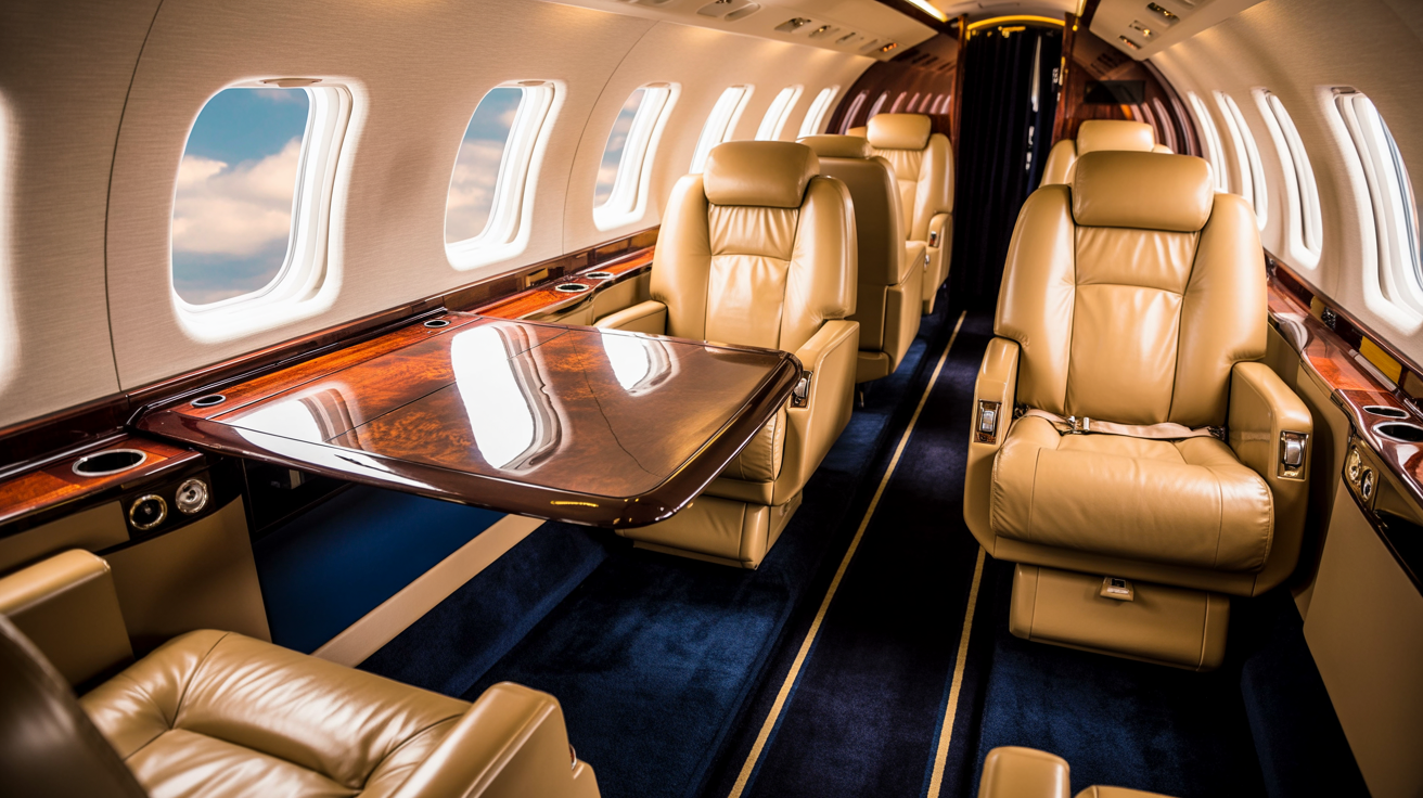 Interior of a private jet with tan leather seats, wood paneling, and a dark blue carpet.