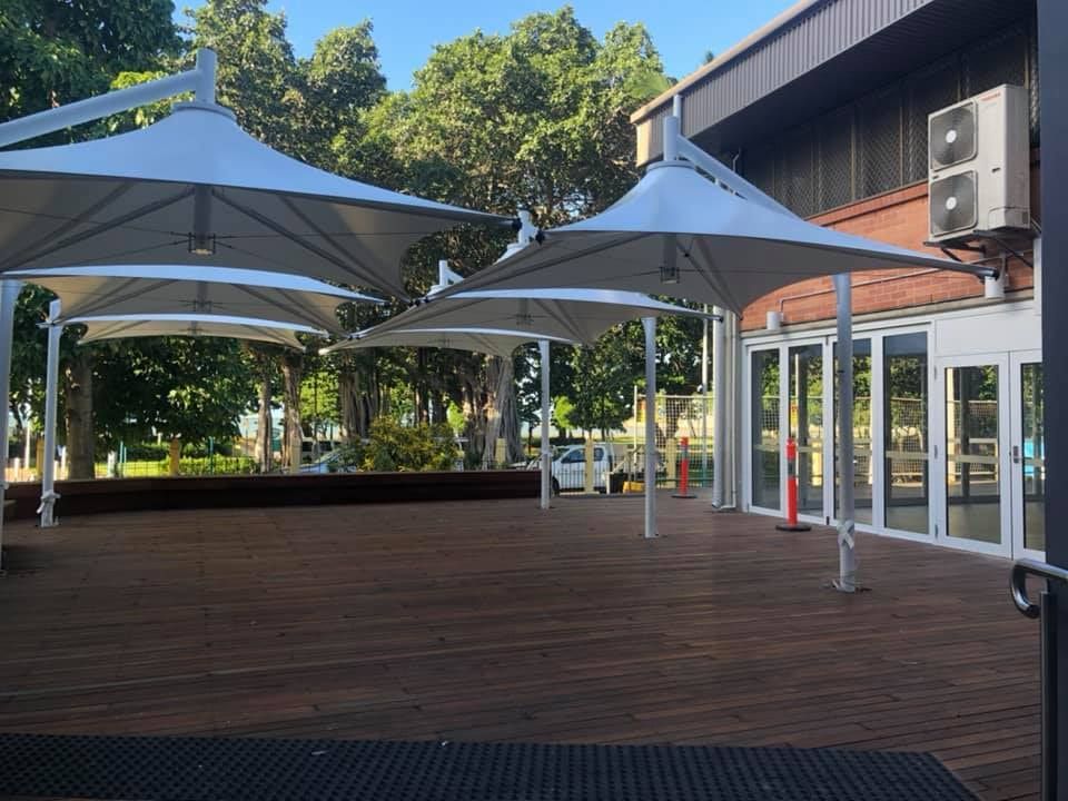 White Shade Umbrellas on Patio — Professional Shade Sail Installation in Mooloolaba, QLD