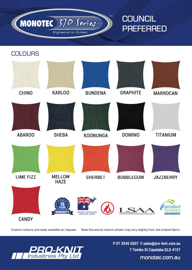 Color Swatches for Monotec 370 Series Fabrics — Professional Shade Sail Installation in Garbutt, QLD