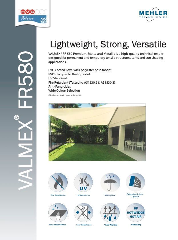 Brochure for Valmex Fr580 Fabric — Professional Shade Sail Installation in Garbutt, QLD