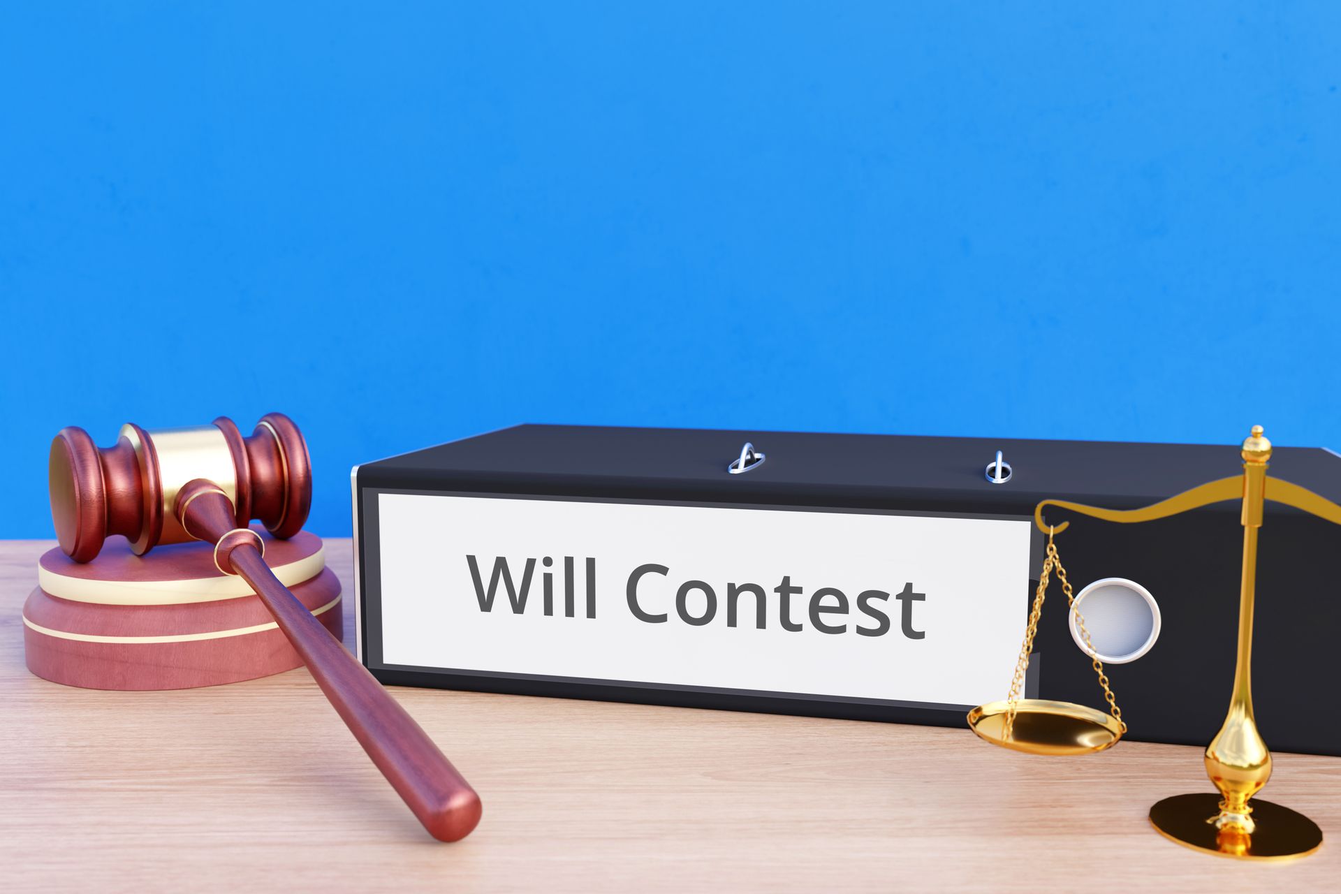 Will Contest book beside a gavel, scales, and gold pen on a desk