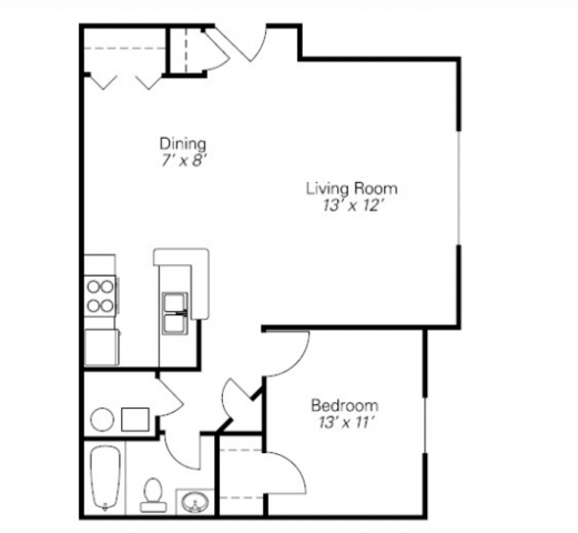 Black-and-white floor plan of a 1-bedroom apartment with dining, living room, kitchen, and bath.