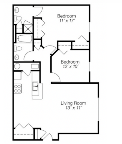 Black-and-white apartment floor plan with two bedrooms, a living room, kitchen, and bath.