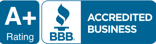 A blue sign that says a+ rating and accredited business