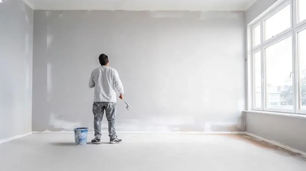 A man is working on a wall in a room.