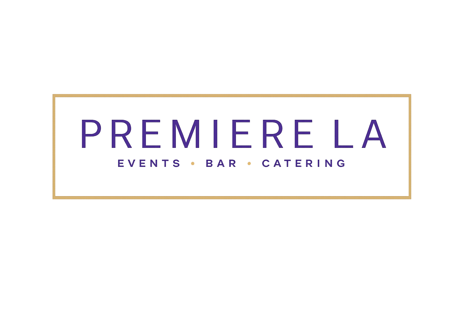 Premiere LA logo with purple text and gold border, labeled events, bar, and catering