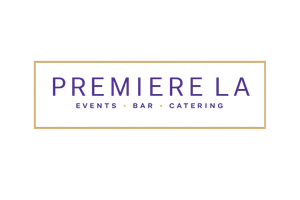 Premiere LA logo with purple text and gold border, labeled events, bar, and catering