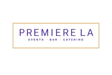 Premiere LA logo with purple text and gold border, labeled events, bar, and catering