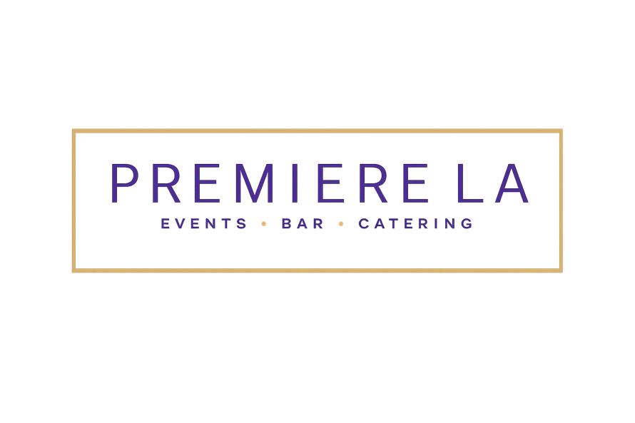 Premiere LA logo with purple text and gold border, labeled events, bar, and catering