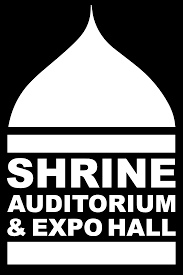 White Shrine Auditorium & Expo Hall logo on a black background with stylized dome icon.