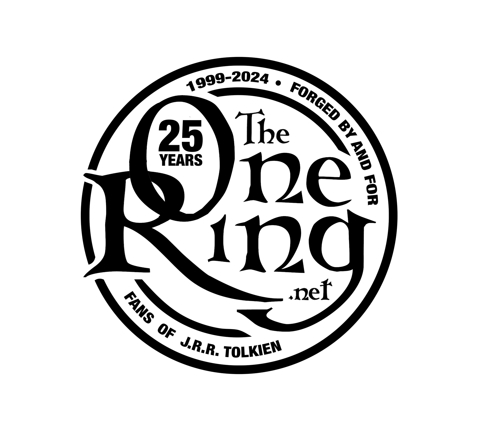 Black-and-white circular The One Ring 25th anniversary logo with Tolkien fandom text