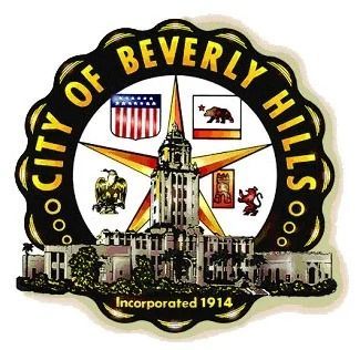 Seal of the City of Beverly Hills with black, gold, and white design and “Incorporated 1914” text