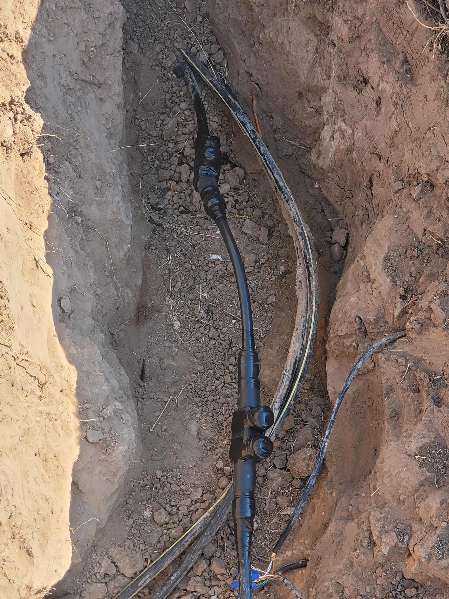 Exposed black cables and blue conduit running through a narrow trench in dirt.