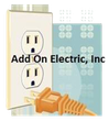 Electrical outlet with a plug and the words "Add On Electric, Inc."