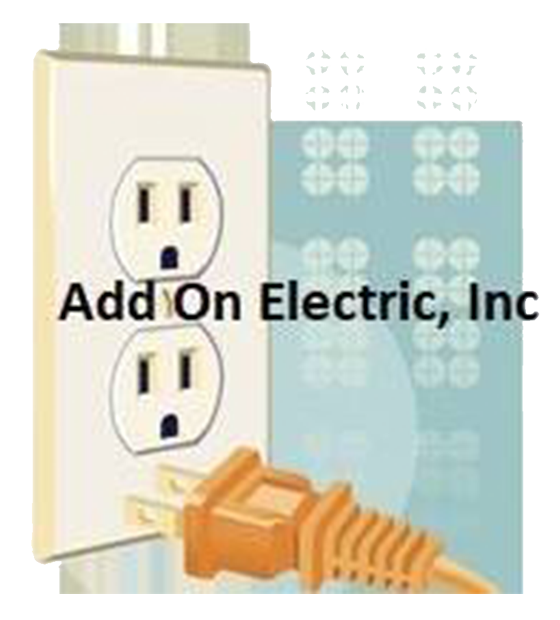 Electrical outlet with a plug and the words "Add On Electric, Inc."