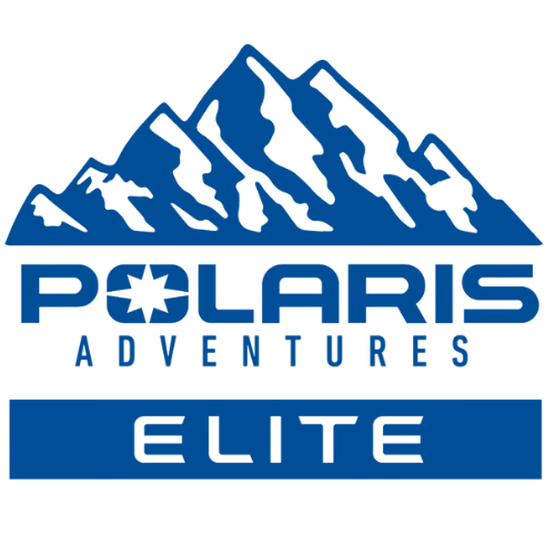 A logo for polaris adventures elite with a mountain in the background