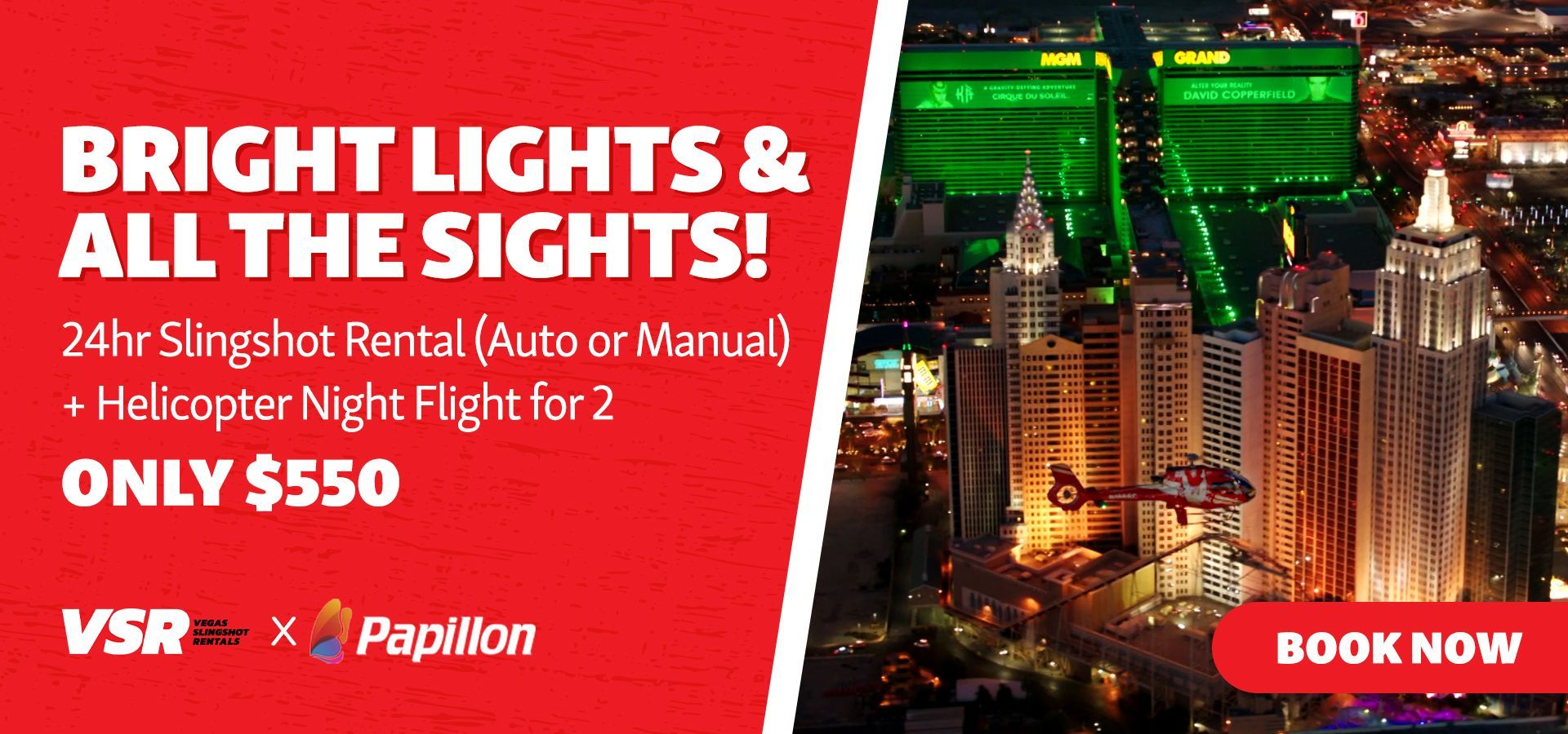 An advertisement for a helicopter night flight for $ 550