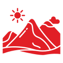 A red icon of a mountain range with a sun in the background.