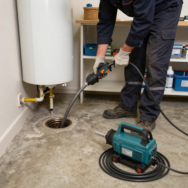 Technician using drain-cleaning tool on a floor drain beside a white water heater in a utility room