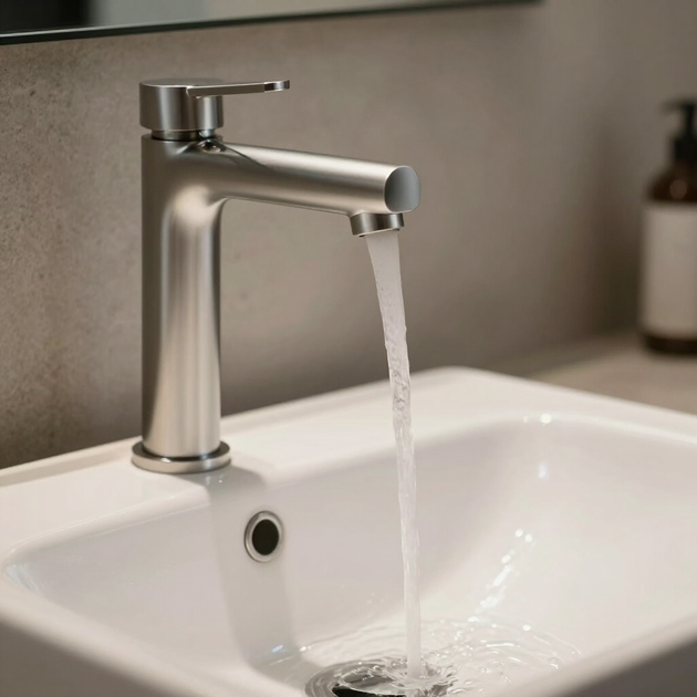 Chrome faucet running into a white sink in a modern bathroom