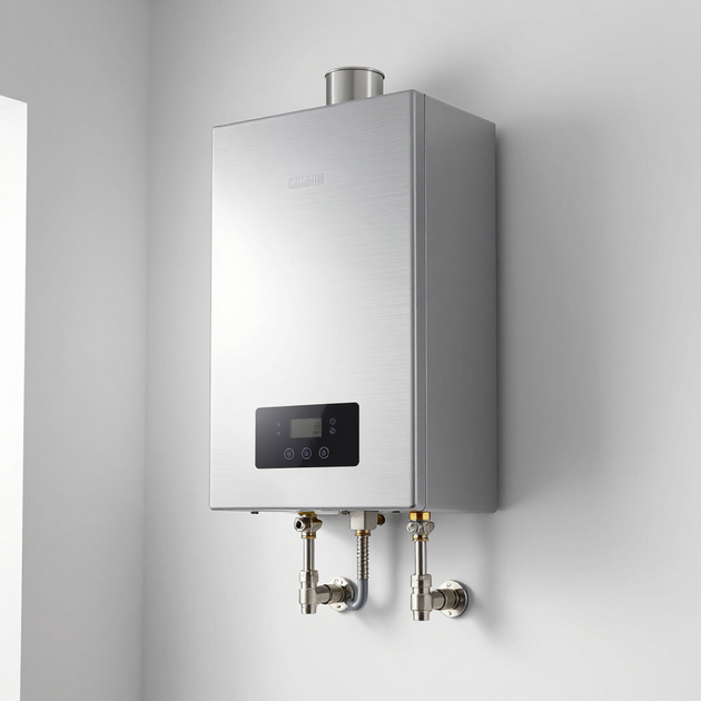 Wall-mounted silver boiler with digital control panel and pipes against a light gray wall