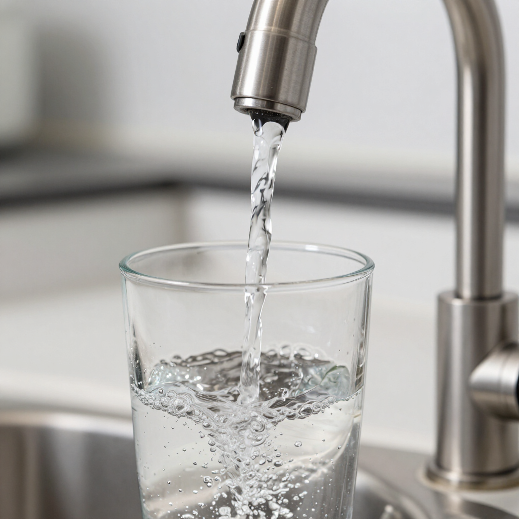 Clear water pouring from a chrome faucet into a glass on a kitchen sink