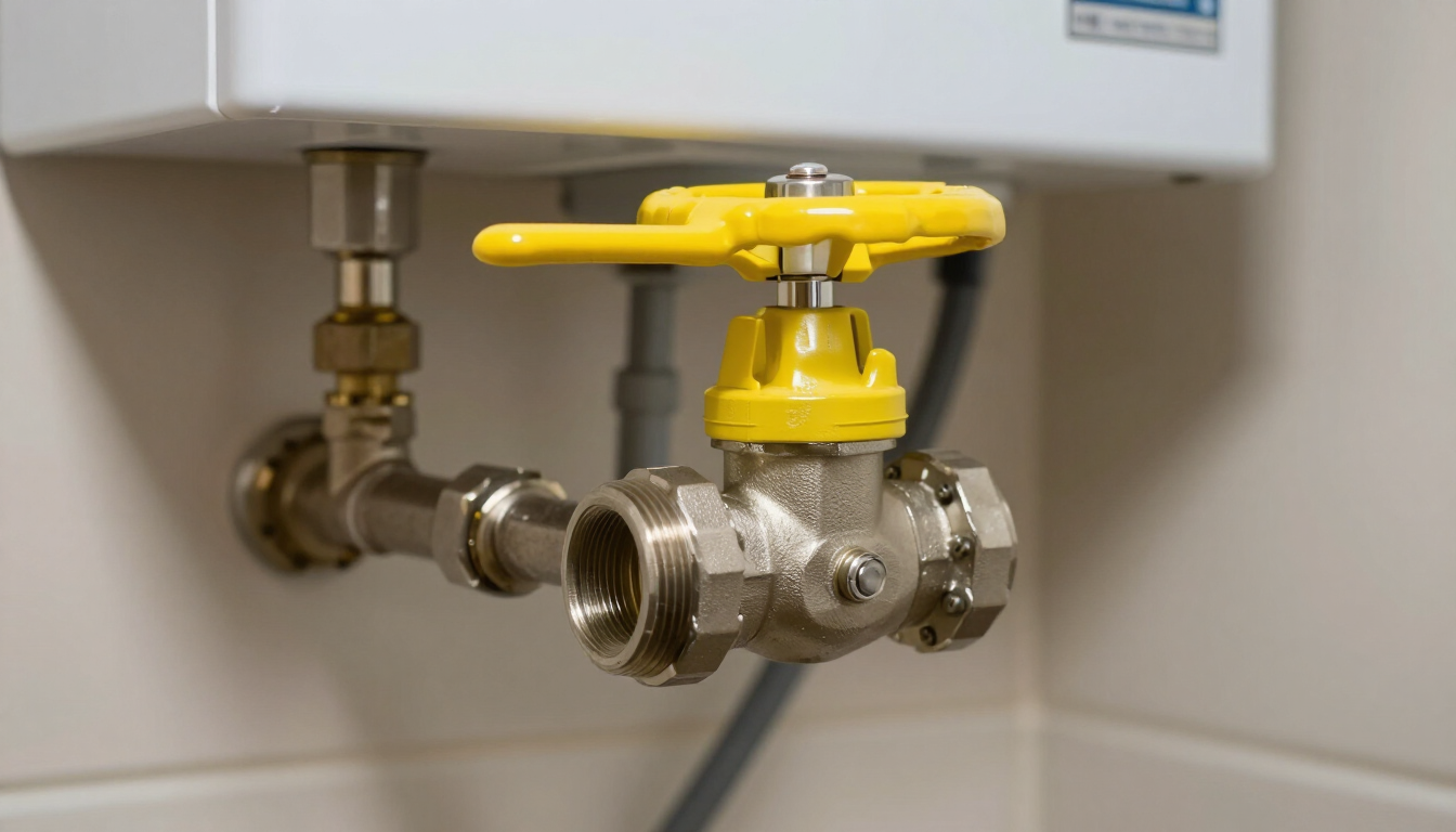 Yellow shutoff valve on a metal pipe under a sink
