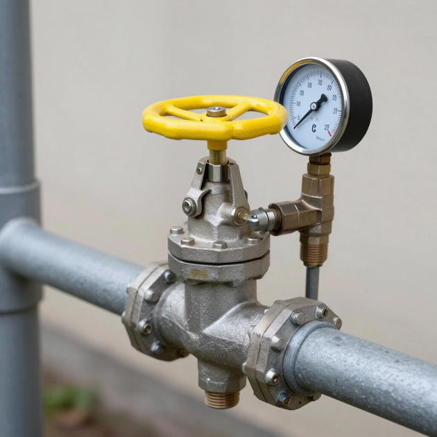 Yellow valve wheel and pressure gauge on a metal pipeline indoors